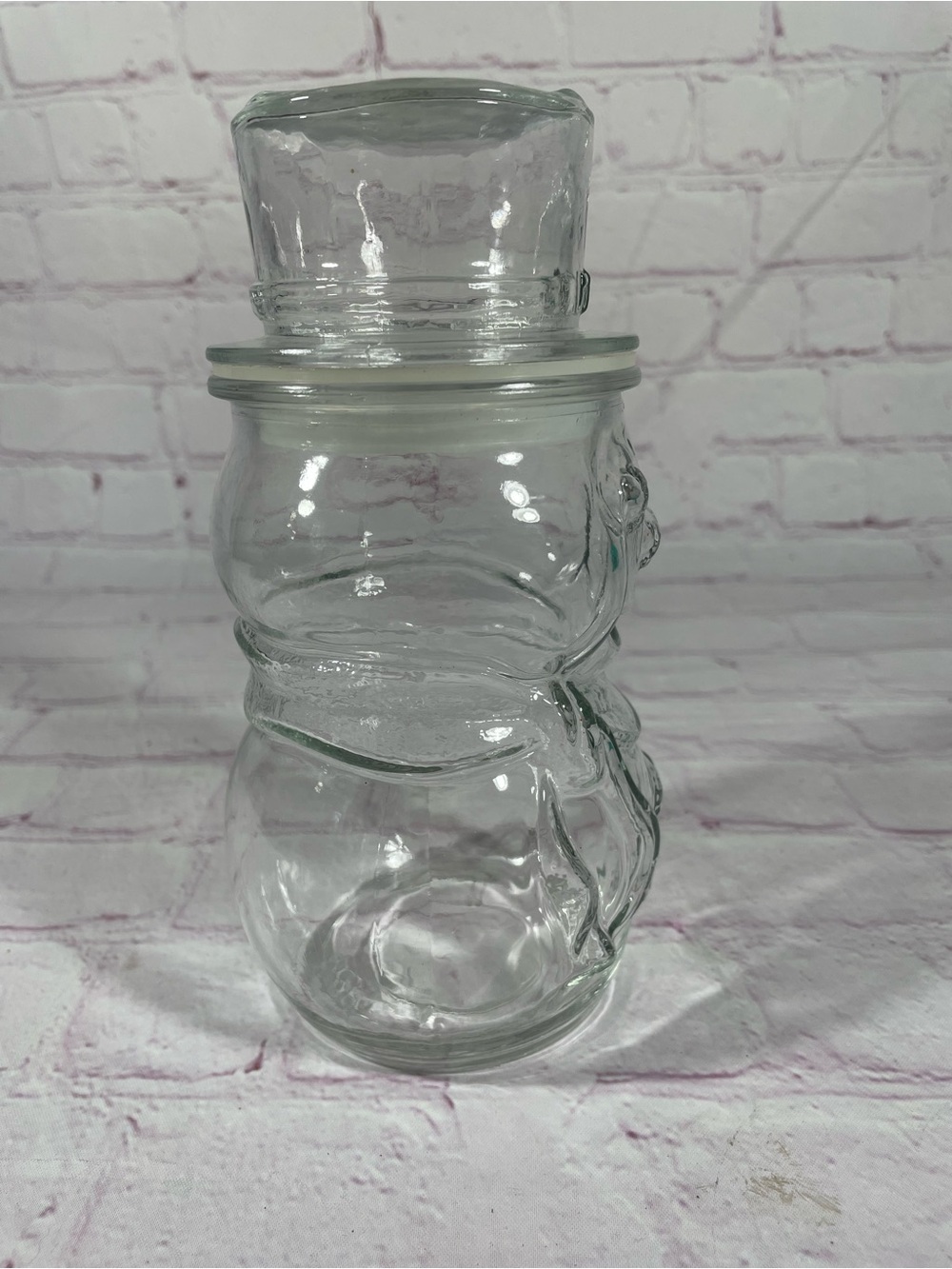 Vintage Libbey of Canada Clear Glass Snowman with Top Hat Lidded Jar Container - Picture 4 of 10